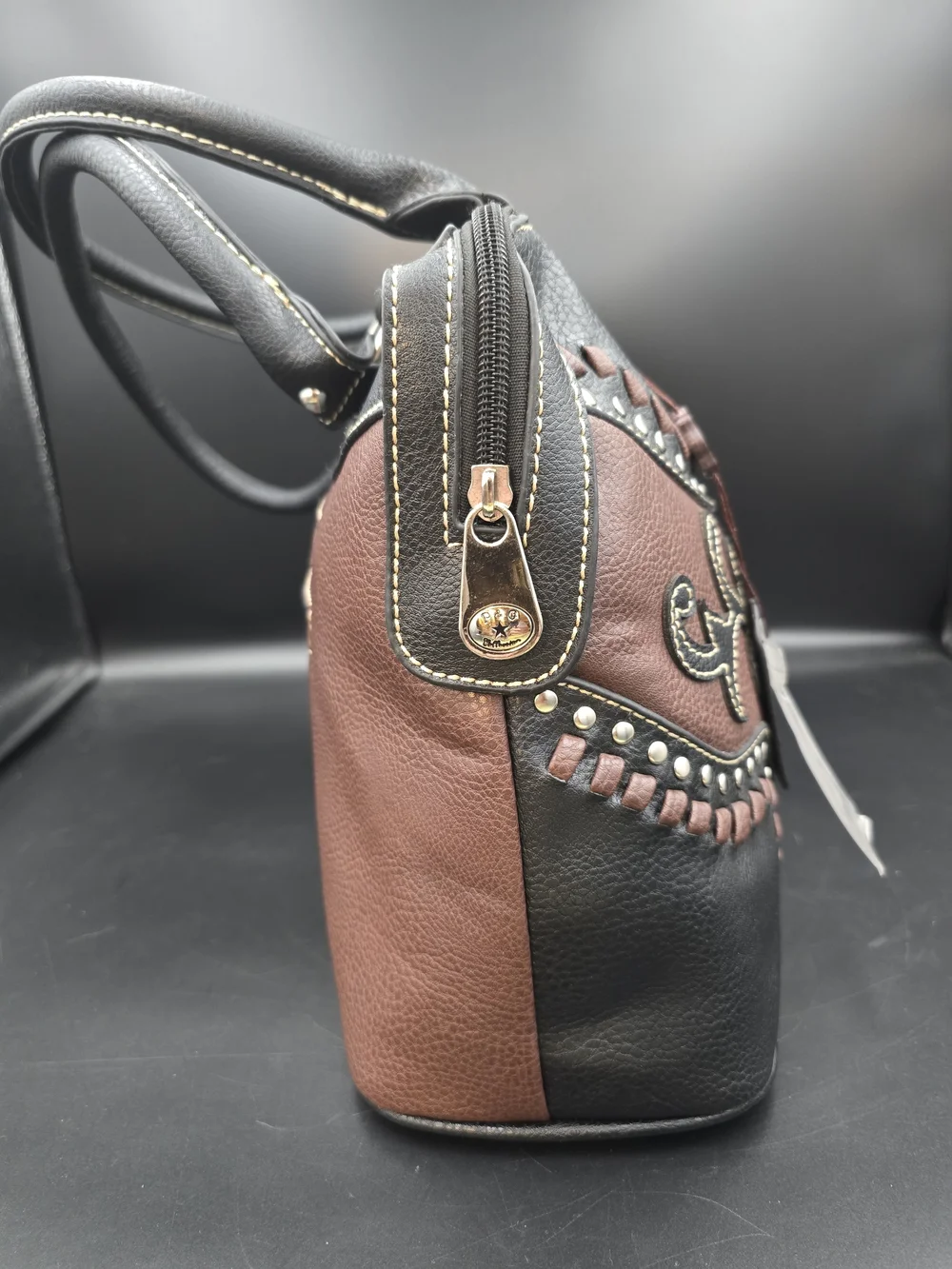 Embellished Two-Tone Black and Brown Satchel Handbag
